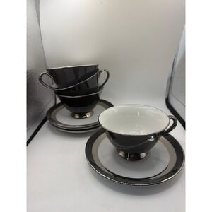 [Set of 4] Gemini Fine China Japan 3515 CUPS &SAUCERS White/BLACK PLATINUM READ!